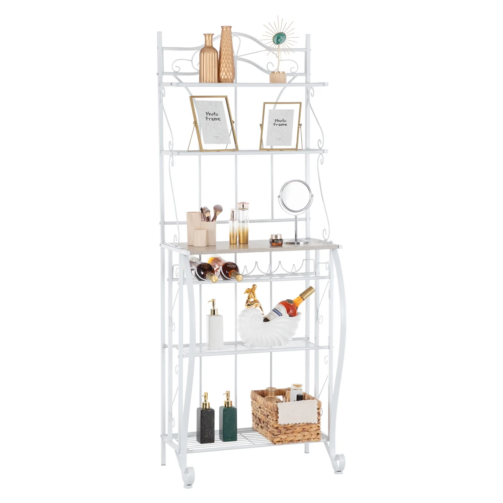 

Lace White 5-Layer Storage Shelf Light Walnut MDF Board With Wine Rack Multi-Purpose Iron Kitchen Shelves[US-Stock]