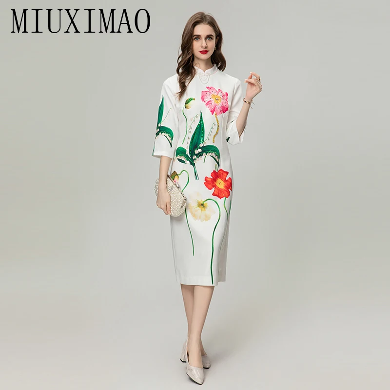 Платье MIUXIMAO женское с вышивкой, модный винтажный сарафан с воротником-стойкой, дизайнерское платье до середины икры, на лето