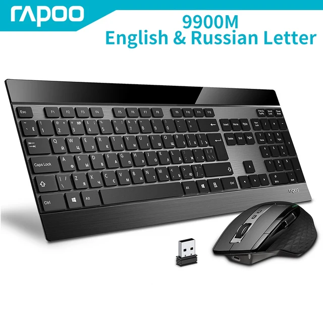Комбинированная ультратонкая русская клавиатура и мышь Rapoo 9900M, Многорежимная беспроводная бесшумная клавиатура Bluetooth, Перезаряжаемая лазерная мышь 1