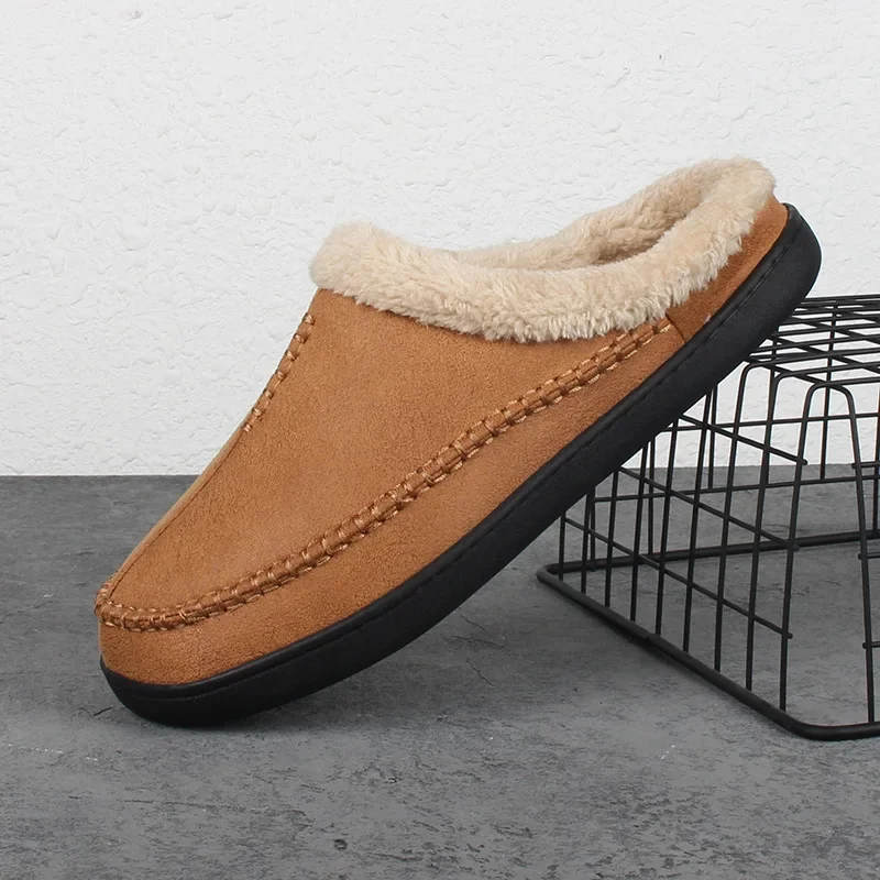 

Men's Slippers Home Winter Indoor Plush Warm Shoes Thick Bottom Plush Waterproof Leather House Slippers Man Suede Cotton Shoes