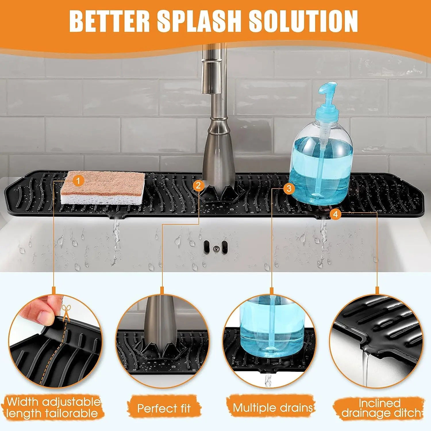 Faucet Mat 30/24 Inch Silicone Sink Splash Guard Large Size Faucet Drain Drying Pad Countertop Protector for Bathroom Kitchen