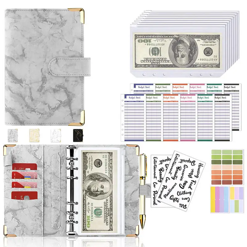 PU Leather Budget Binder with Cash Envelope Pockets and Zipper - Compact French-Style Money-Saving Planner Organizer