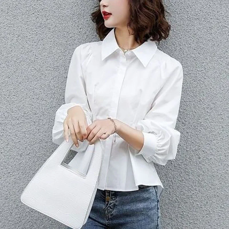 우아한 라펠 단색 불규칙 셔츠, 올 매치 오피스 레이디 블라우스, 여성 의류, 루즈 캐주얼 상의, 2022 가을 신상