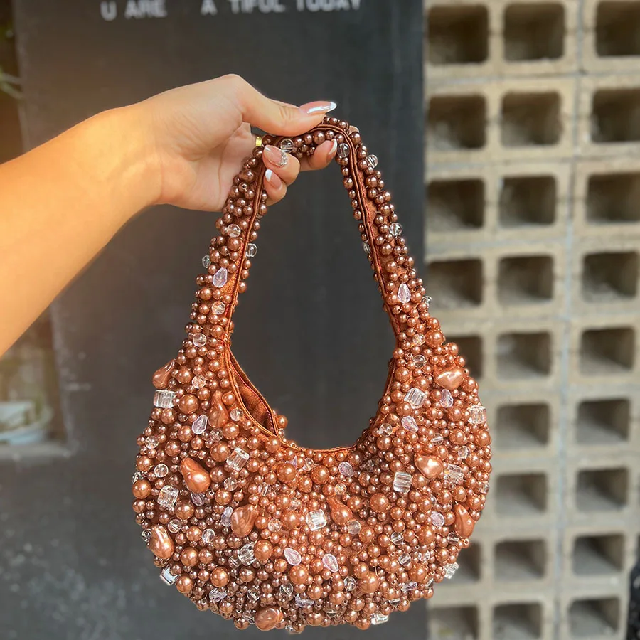 Ladies Casual Pearl Handbag Large Capacity Simple Pearl Underarm Bag Solid Color Crystal Beaded Armpit Bag Date Party Bag