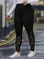 GIBSIE Plus Size Women's Fashion Contrast Lace Black Leggings New Spring Fall High Waist Elastic Casual Skinny Leggings Female - Image 4