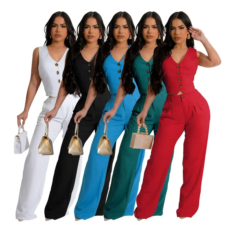 Street  Work Women's Set Sleeveless Vest Tops and wide leg pant Suit 2024 Summer INS Two 2 Piece Set Outfit Tracksuit