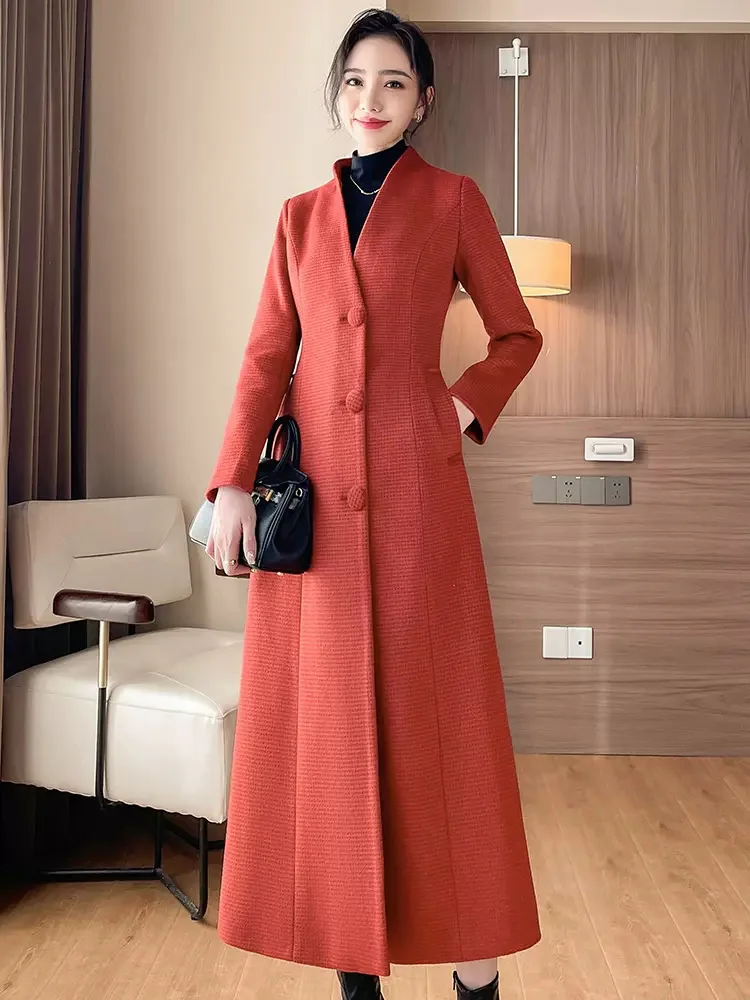 New Women Autumn Winter Red Woolen Coat Simplicity Fashion V-Neck Single Breasted Slim Wool Blended Overcoat Elegant Long Coat