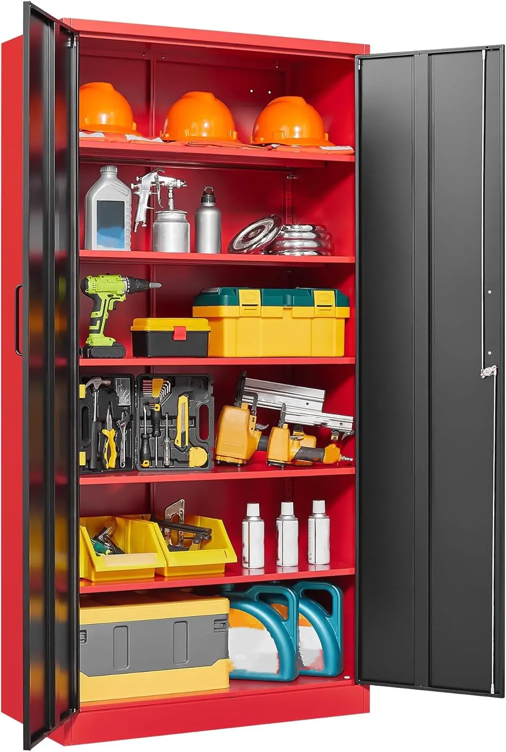 Metal Garage Storage Cabinets with Lock, 72" Tall Locker Organizer Steel Tool Cabinets,5 Adjustable Shelves 2 Doors (Black Red) 5