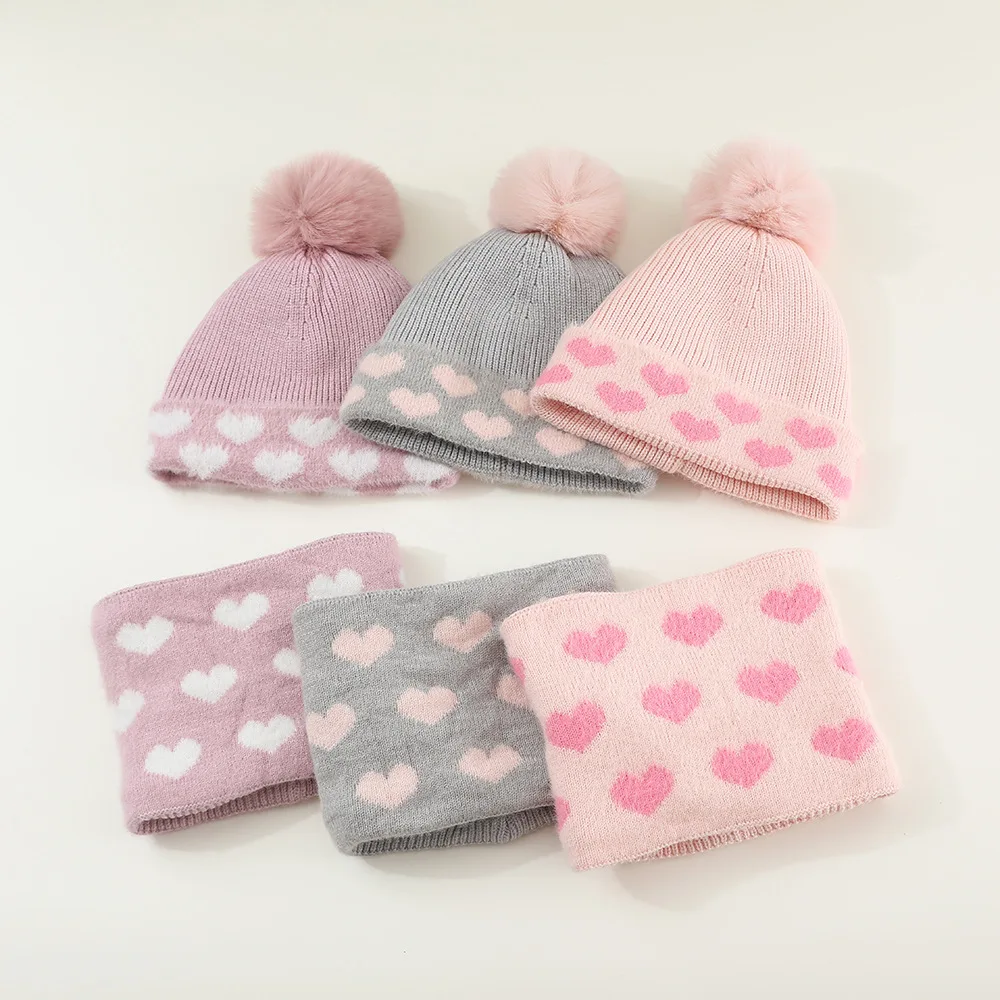 New Love Heart Style Fleece Girls Hat Scarf Set Autumn Winter Thick Velvet Children's Wool Knitted Hat Scarf Set
