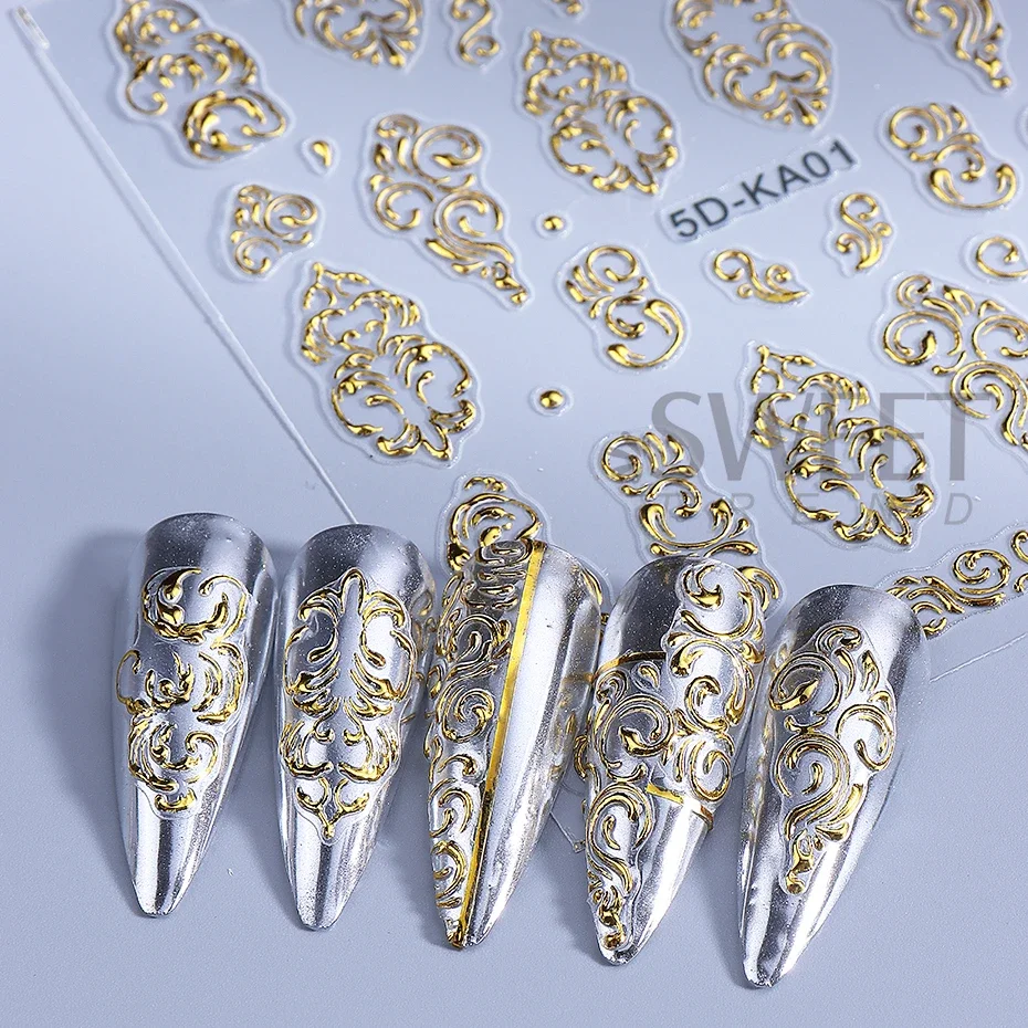 5D Nail Stickers Golden Silvery Flower Leaf Lace Design Geometry Line Nail Art Sliders Manicure Nail Supplies Decal Decorations