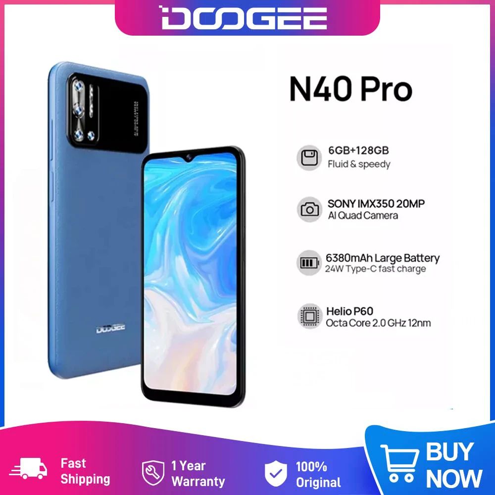 Hot Sale DOOGEE N40 Pro Cellphone 6.5 inch 20MP Quad Camera Helio P60 6GB+128GB Smartphone 6380mAh Battery 24W fast Charging