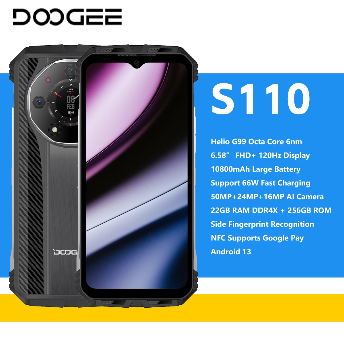 

Смартфон DOOGEE S110, прочный телефон Heilo G99, 4G, FHD дисплей 6,58 дюйма, аккумулятор 10800 мАч, 66 Вт, быстрая зарядка, 12 Гб + 256 ГБ, Android 13