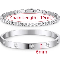Elegant Stainless Steel Zircon - Embellished Bracelets - Non - Fading Luxury Women's Fashion Jewelry (2pcs silver 19cm)