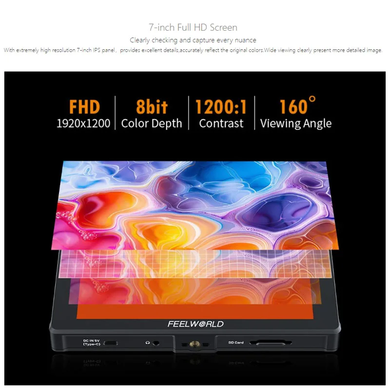FEELWORLD F7 PLUS 7-Inch DSLR Camera Field Monitor Touch Screen 4K HDMI High Brightness 1200nit NP-F External Install and Power