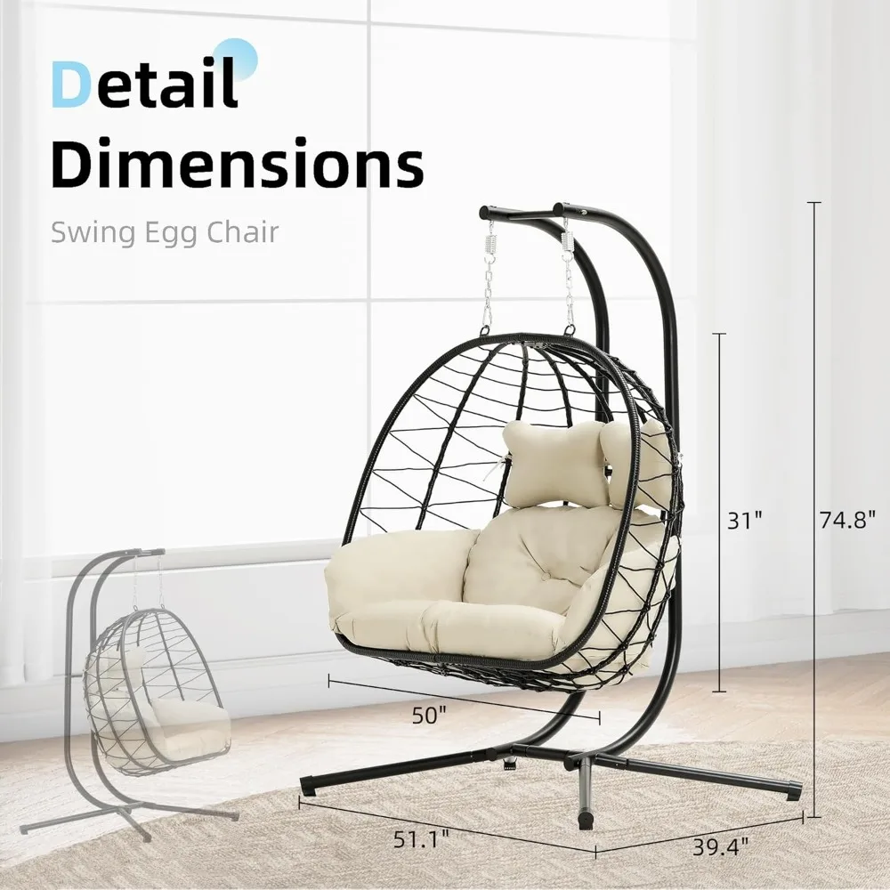 Double Egg Chair wth Stand Hammock Swing Chair Foldable Hanging Loveseat, UV Resistant Removable Cushions, 700LBS Capacity 5
