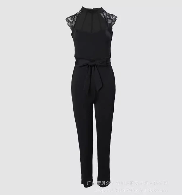 Women Commuting Jumpsuit 2024 Spring Summer Last Tense Sexy Lace Patchwork Romper Sleeveless Small Leg Pants Bodysuit with Belt