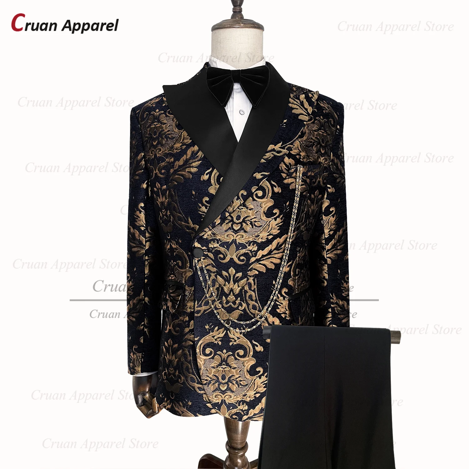

Костюм мужской облегающий с золотым цветочным принтом, Модные Черные смокинги, пиджак и брюки для выпускного вечера в деловом и свадебном стиле