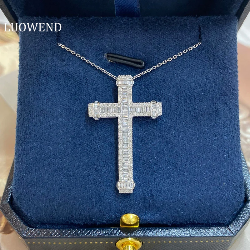 LUOWEND 18K White Gold Necklace Real Natural Diamonds 0.70carat Pendant Elegant Cross Shape Exquisite Jewelry Gift for Women