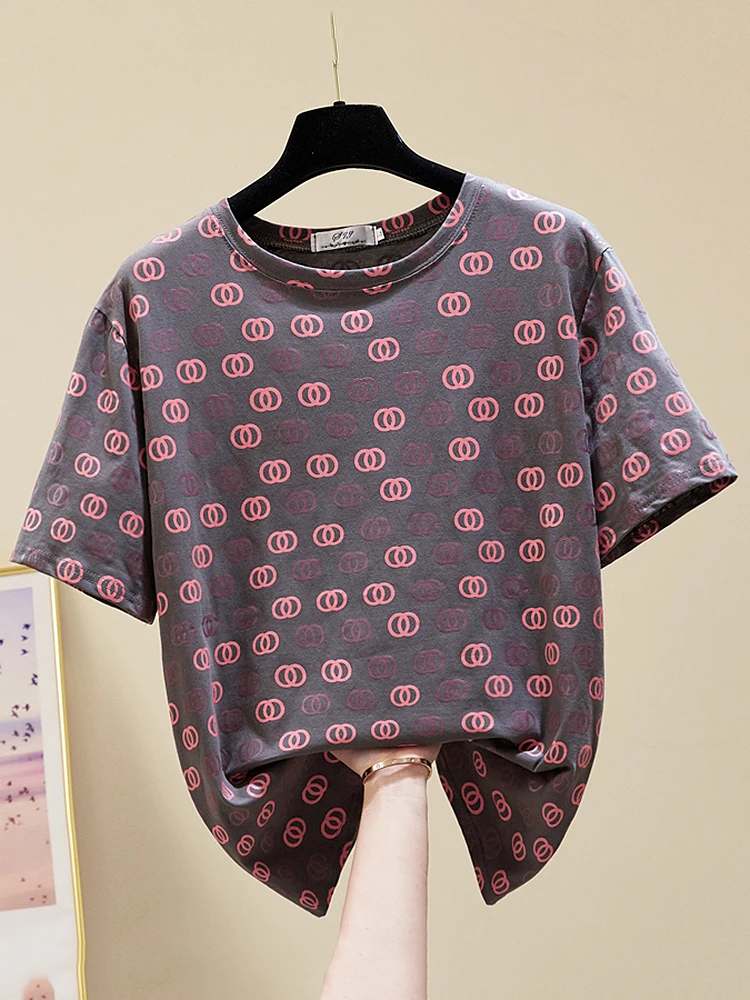 

Short Sleeve Top Women Fashion Geometric Printed Cotton Tshirts Round Neck Casual Loose T-Shirt Femme Camiseta Mujer