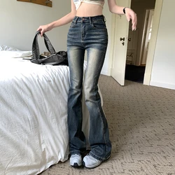Women's Chic High Waist Skinny Vintage Blue Flare Jeans Lady Summer Autumn Streetwear Slim Full Length Boot Cut Jeans