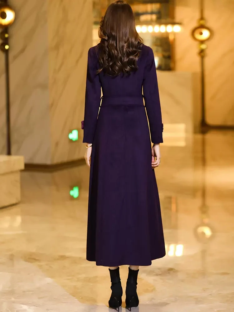 New Women Dark Purple Woolen Overcoat Autumn Winter Fashion Elegant Suit Collar Single Breasted Lace-up Wool Blended Long Coat