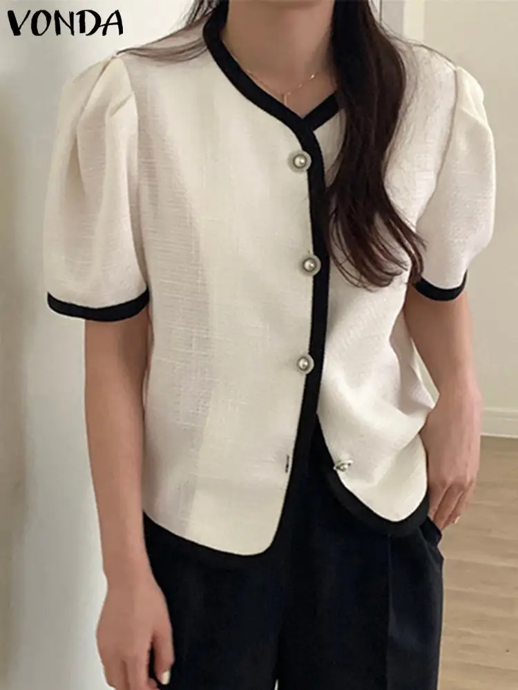 

VONDA Women Coats 2023 Summer Casual Loose Elegant Blazer Short Sleeve Buttons Office OL Blazer Round Neck Fashion Outercoats