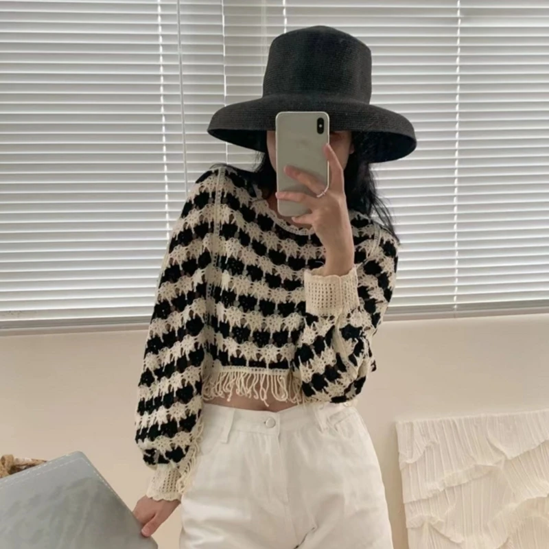 

Женская прозрачная футболка с круглым вырезом, свободная верхняя рубашка, вязаный крючком свитер с кисточками P8DB