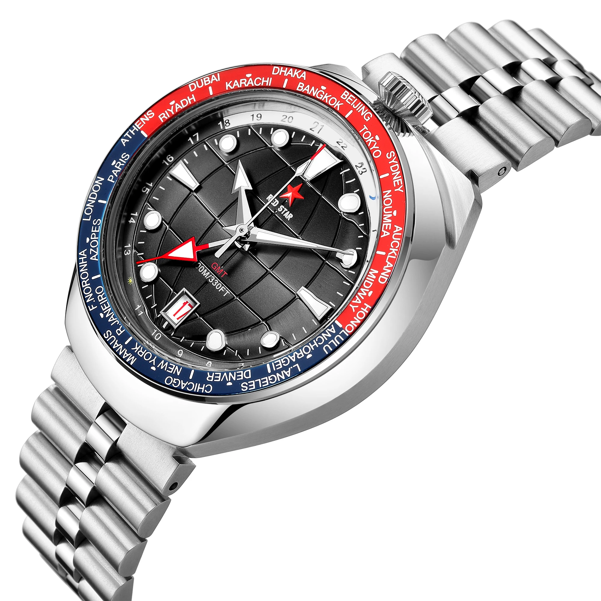 

RED STAR 42mm 1963 Dual Time Men 100m Diving Automatic Mechanical Watch Bull Head GMT4 Luminous Waterproof Watches