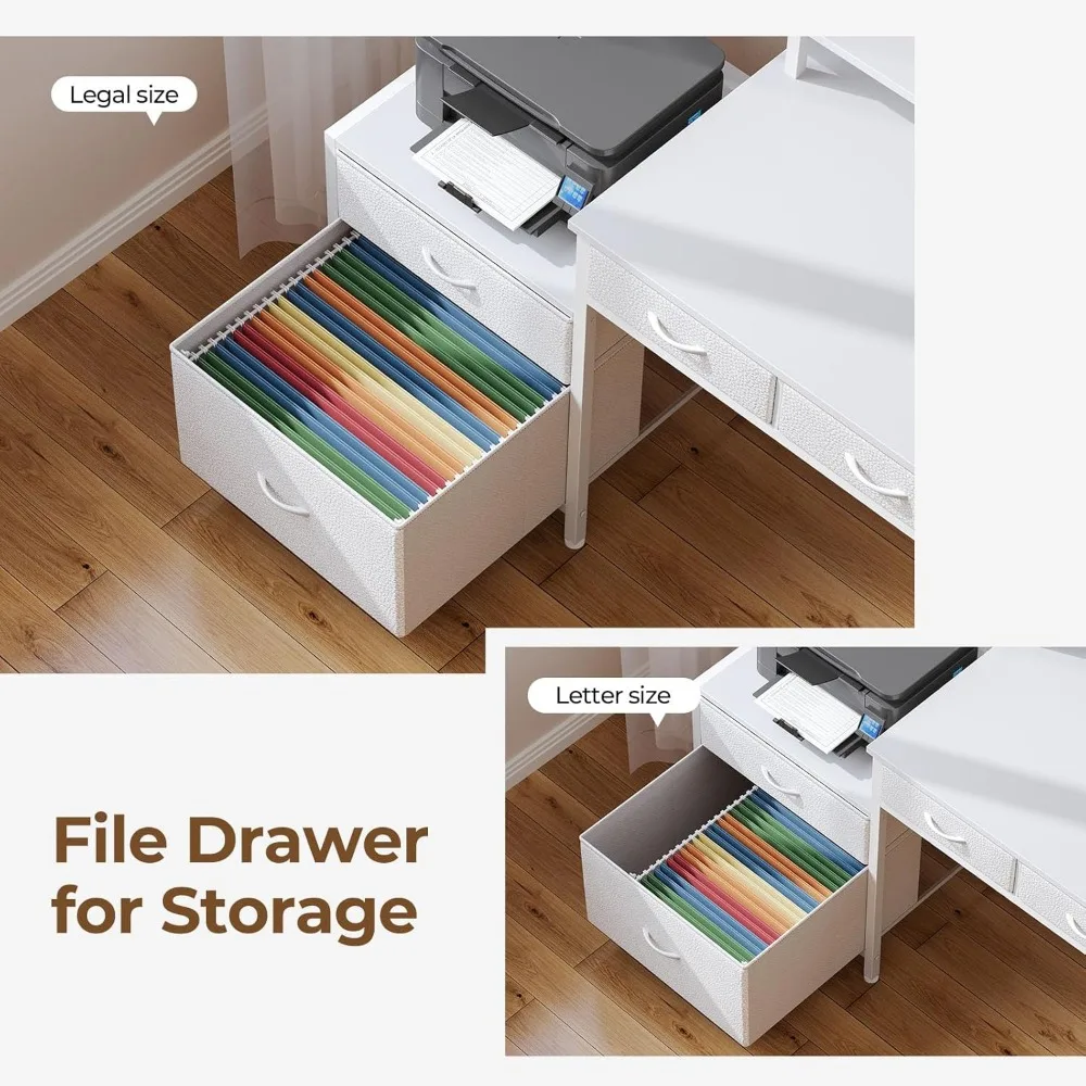 L Shaped Desk with File Drawers, 64" Home Office Desk with Power Outlet & LED Lights, 6