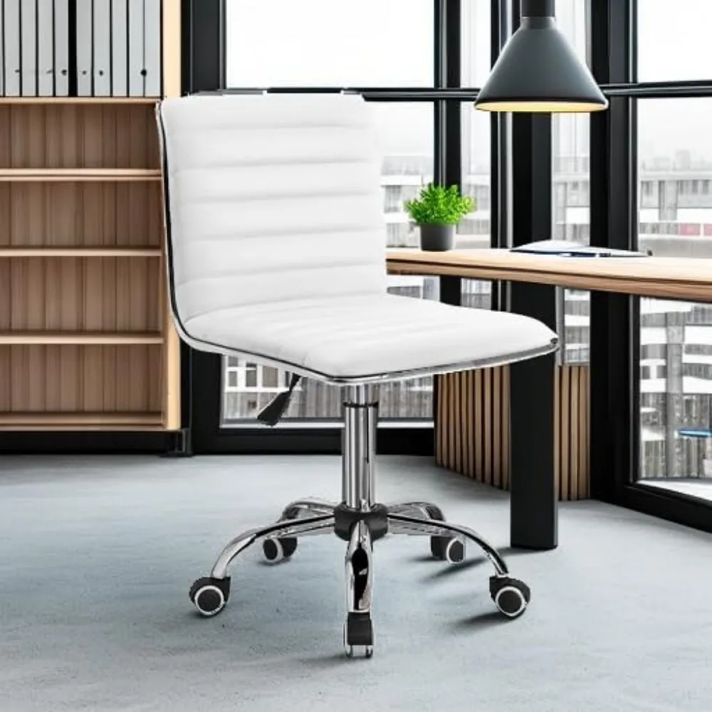 Mid Back Vanity Chair,Low Back PU Leather Swivel Computer Desk, Task and Office Chair Retro with Armless Ribbed (White) 6