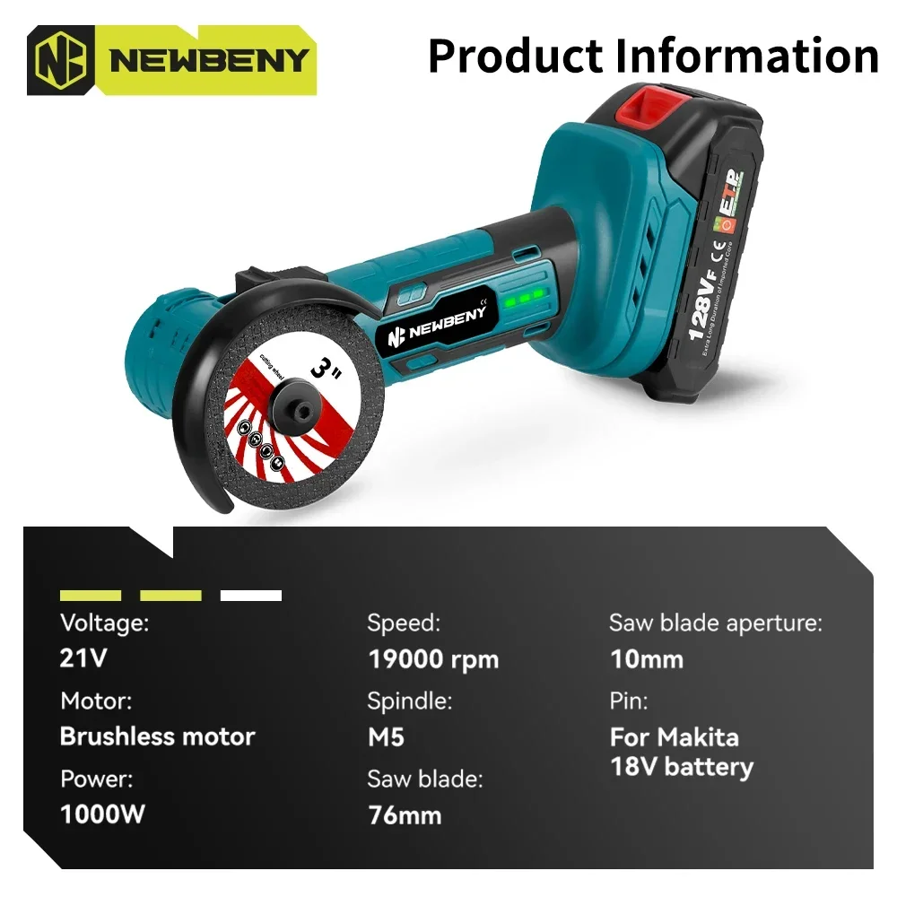 NEWBENY 3 Inch Mini Brushless Angle Grinder Household Cordless Grinding Cutting Woodworking Tool For Makita 18V-21V Battery 2