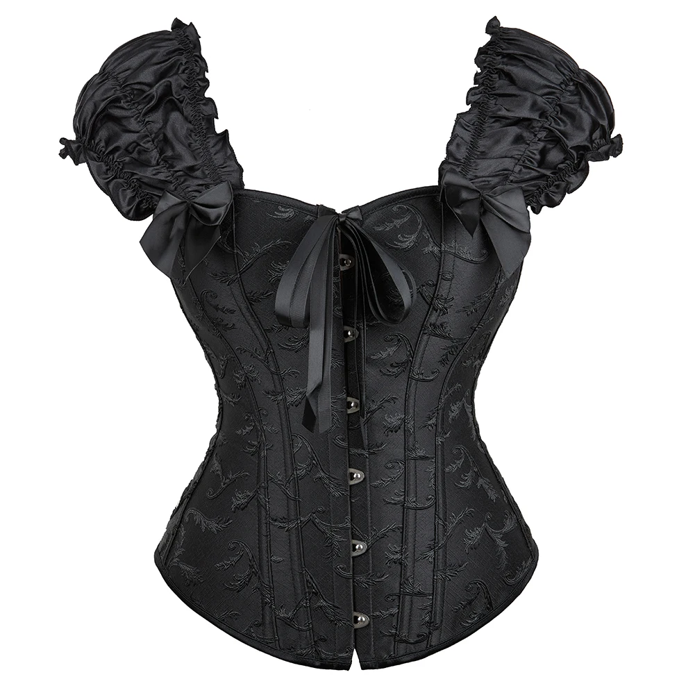 

Ruffled Sleeves Overbust Corset Body Shapewear Embroidered Floral Black White Bridal Bustier Top