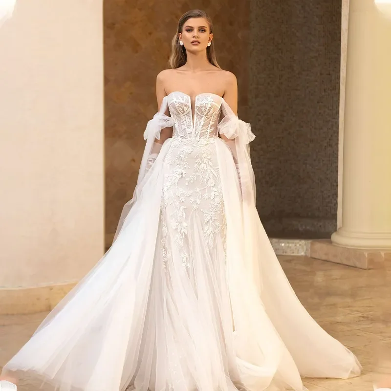 

Customized Lace Appliques V-Neck 2023 Wedding Dress Strapless Detachable Train Elegant Floral Pattern Tulle Robe De Mariée