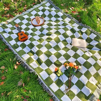 1pc French square matcha green belt tassel picnic mat