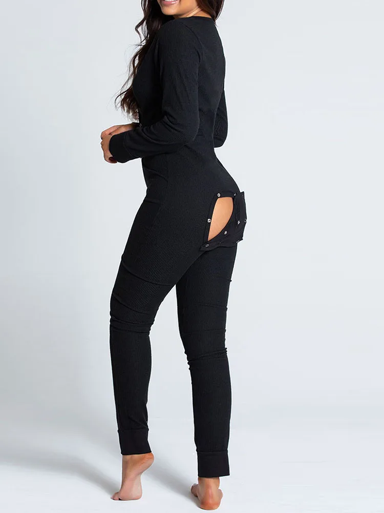 Women's Sexy Pyjama Jumpsuit Button-down Front Back Butt Bum Open Ass Flap Loungewear Christmas Print Buttoned