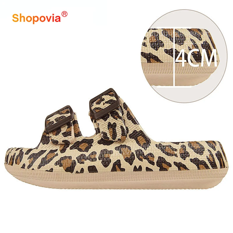 

Leopard Women Home Slippers Summer 2023 Fashion Buckle Thick Platform Cloud Slippers Flat Sole Slides Women Flip Flops Slippers