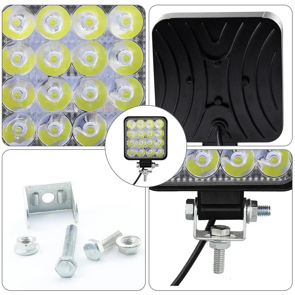 12V Waterproof Led Work Light Bar Square Spotlight 48W Work Light Headlight For Truck Off Road Night Driving Light For SUV