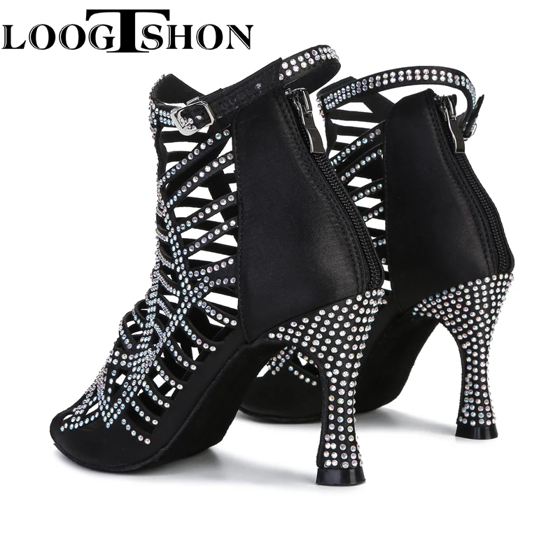 Loogtshon  Pearl Rhinestone Professional Latin Dance Heel 9CM Pink Black Lady Dance Shoes Soft Samba Rumba Cha Cha Dancing Shoes