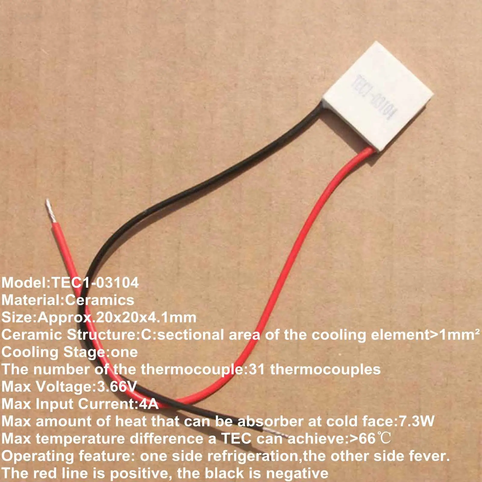 

20x20x4.1mm 4A 3.66V 7.3W TEC1-03104 Thermoelectric Cooler Peltier Heatsink