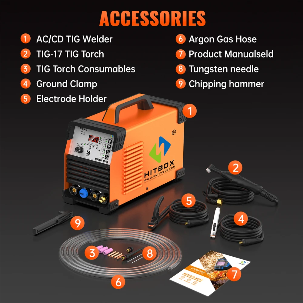 HITBOX HBT250P AC/DC TIG Aluminium-Schweißgerät 6-in-1 Stick MMA HF TIG 2T/4T Argon Präzisions-Digital-Puls-Schweißgerät für Magnesiumlegierung Edelstahl Kupfer AC Balance Tragbares IGBT Inverter-Schweißgerät 220V – Detail 21