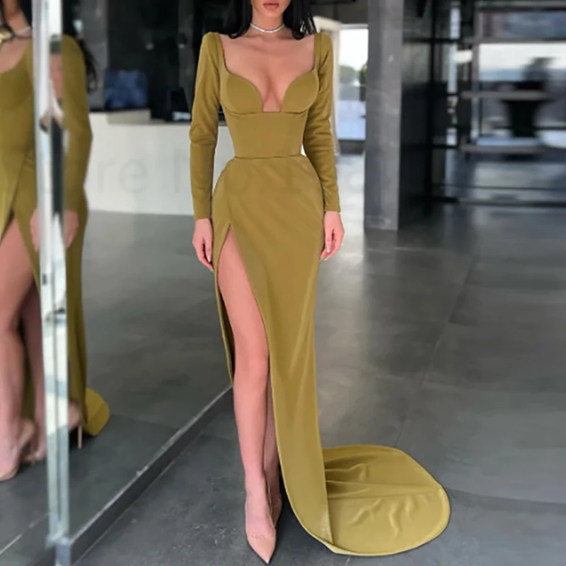 

Sexy Strapless High Split Maxi Dress Women Spring Solid Hollow Irregular Long Dress New Autumn Long Sleeve Slim Boho Party Dress