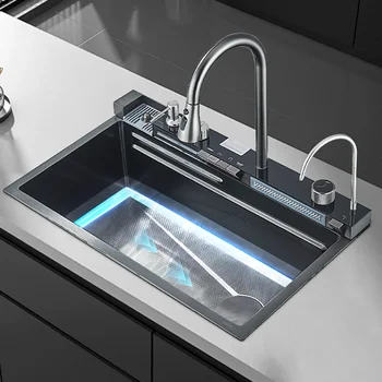 304 สแตนเลสน้ําตกอ่างล้างจานร้อนเย็นดึงน้ําตกก๊อกน้ําอ่างล้างจานสมาร์ทสีเทาดิจิตอลอ่างล้างจาน 2