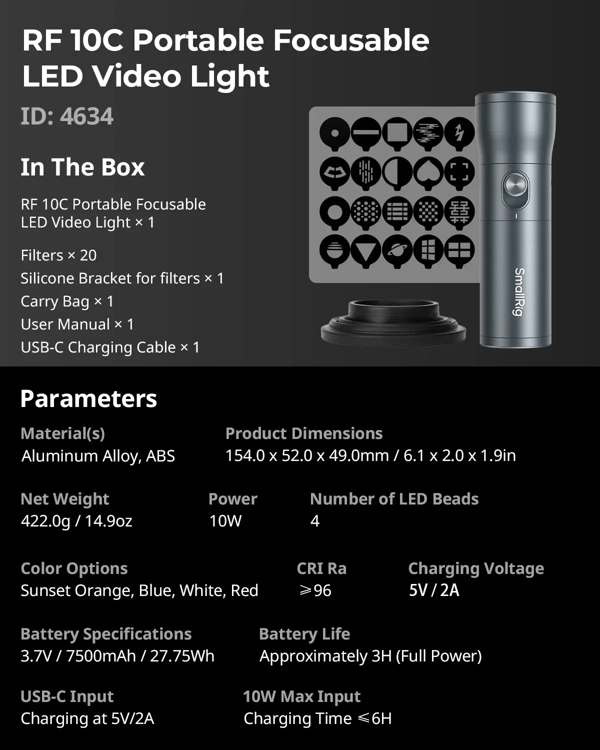 SmallRig Portable Focusable RF 10C LED Video Light 10W Four-Color Beads Mini spo