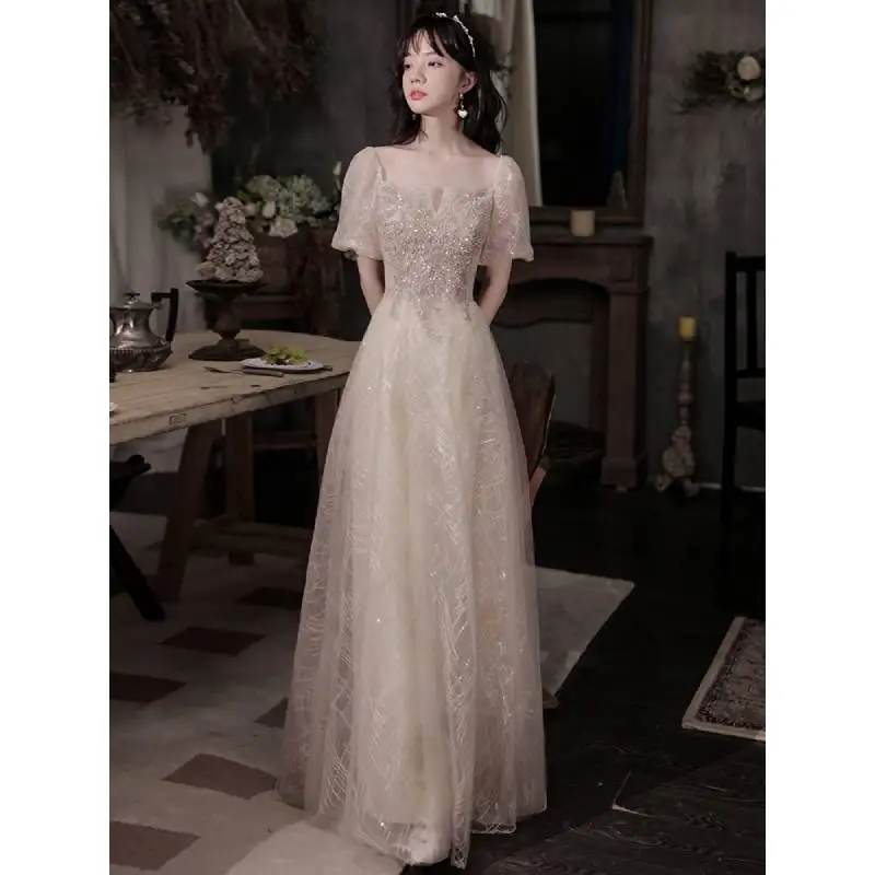 

18026#Elegant Champagne A-line Beaded Sequins Evening Prom Dress Bubble Short Sleeves Princess Party Dresses For Women 2023