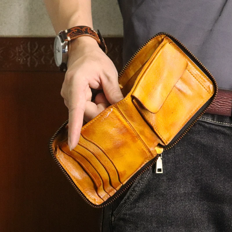 

Vintage genuine leather wallet short zero wallet vegetable tanned cowhide personalized trend men's wallet card bag