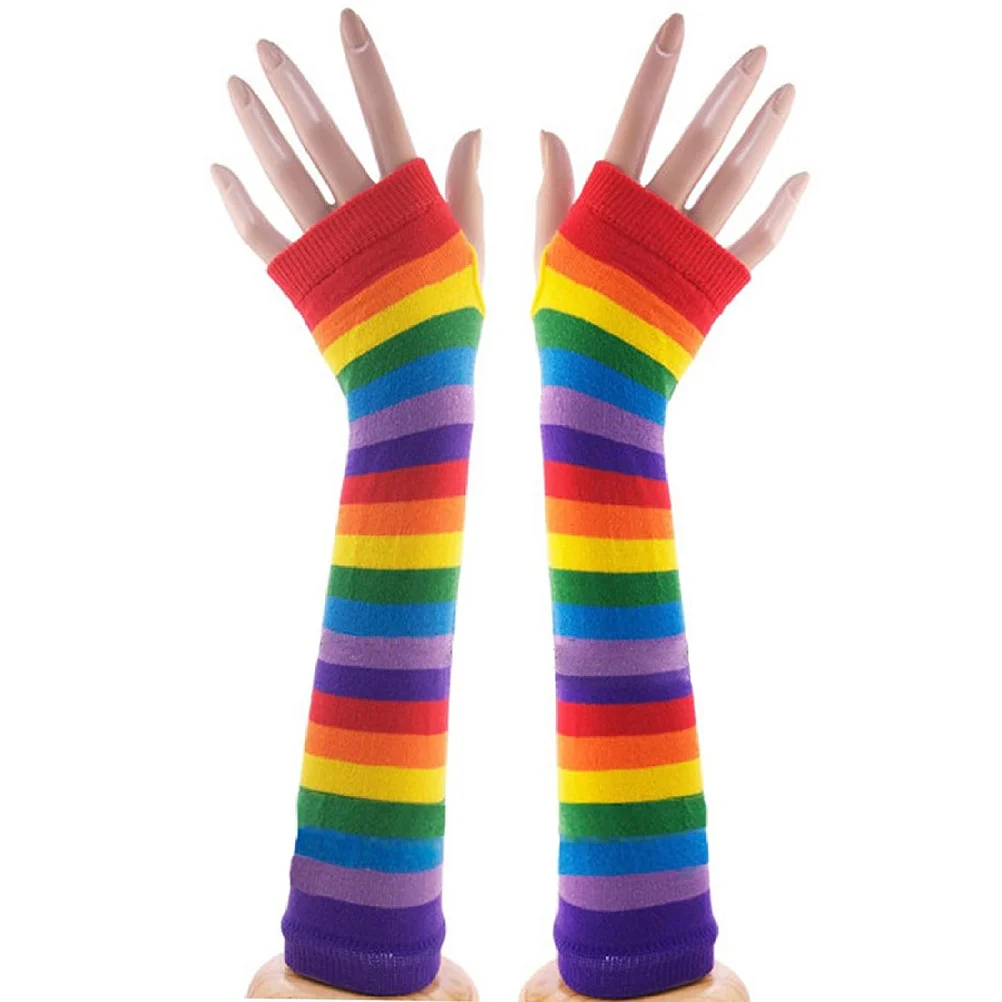 

Pair of Colorful Rainbow Stripes Arm Warmer Fingerless Knit Fingerless Gloves