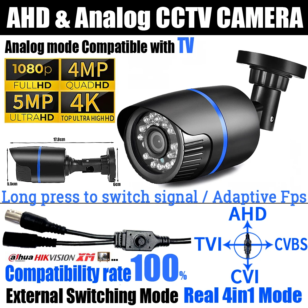 

2MP/4MP/5MP/4K Ultra AHD Camera TVI/CVI/Analog 4in1 OSD Menu 4K HD Security Monitor Night Vision Outdoor IP66 Have bracket 2.8mm