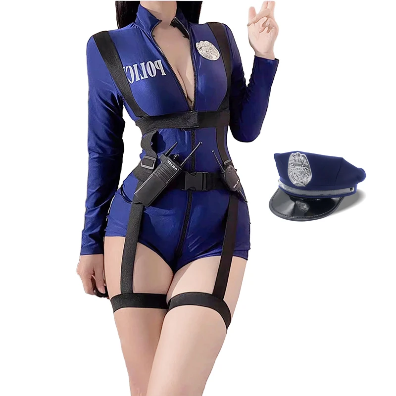 Sexy Polizistin-Uniform, offener Schritt, Body, Doppelreißverschluss, Polizistin, Rollenspiel, enger Körpergürtel, erotisches Kostüm, Clubwear 1