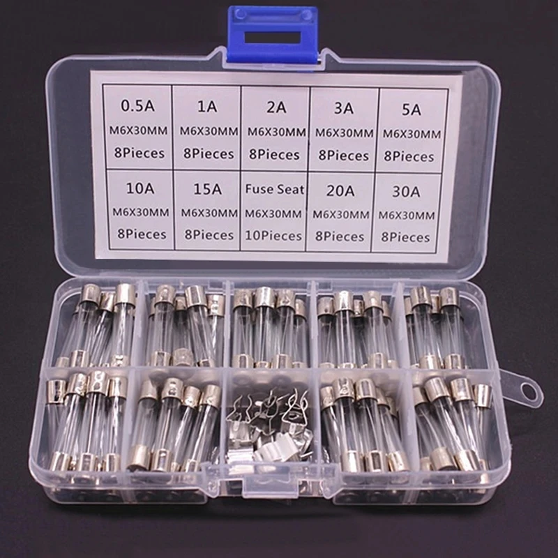 72PCS 6X30MM glass fuse 0.5A-30A 6*30mm fuse sample box bracket car fuse holder