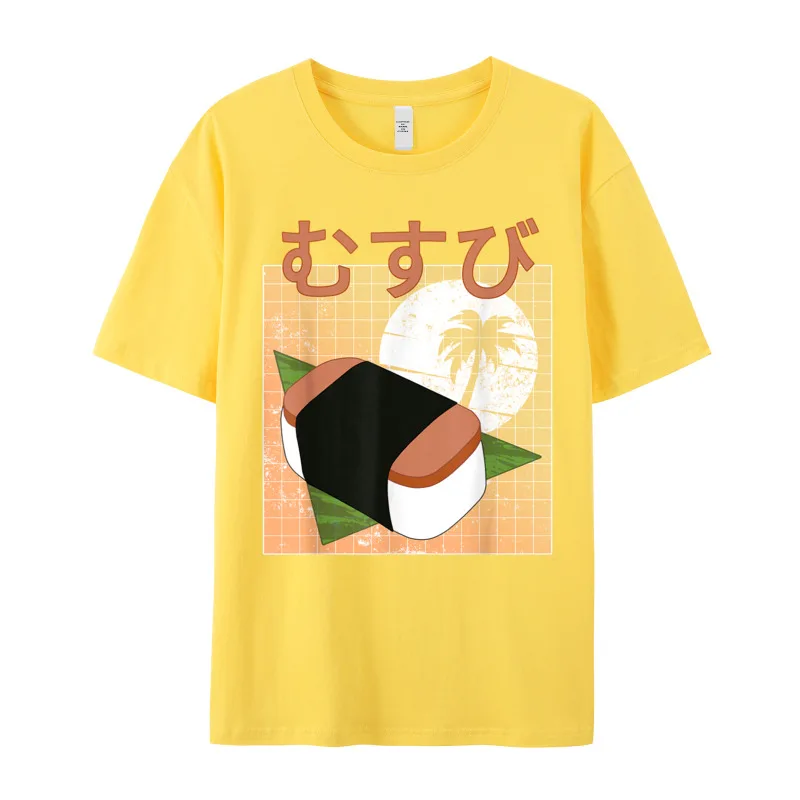 Funny Retro 90s Japanese Kawaii T-Shirt Short Sleeve Newest Men Christmas Tops Tees Outdoor Tee Shirts Crew Neck Pure Cotton Funny Retro 90s Japanese Kawaii Spam Musubi Hawaii Design T-Shirt__19255 yellow